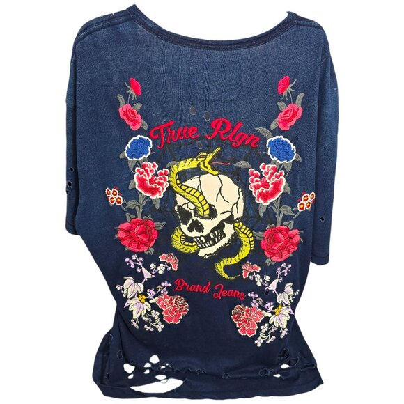 True Religion XXL Distressed Unisex Navy T-Shirt Skull Snake Roses Single Stitch - Picture 1 of 16